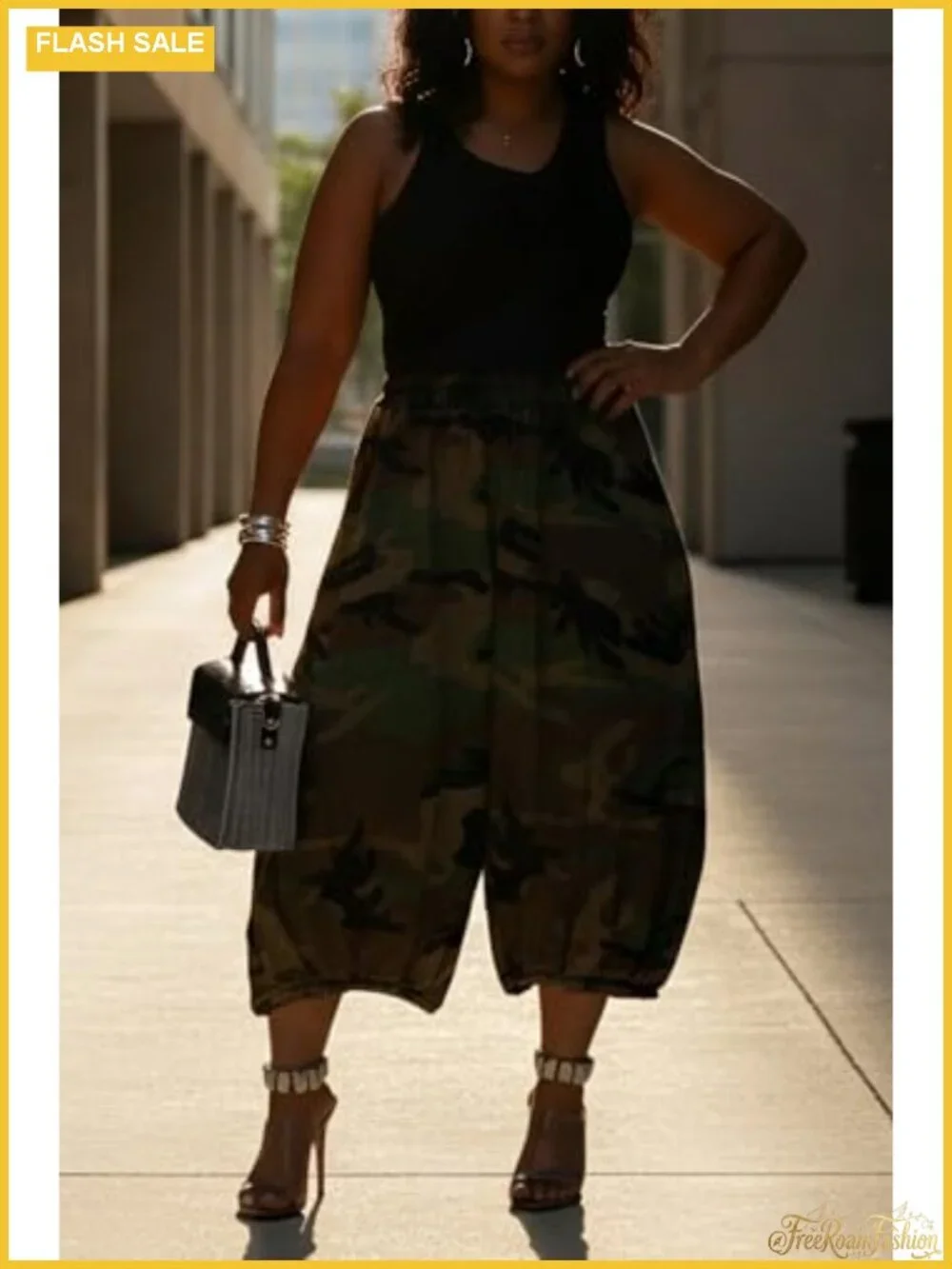 Womens Baggy Camo Cargo Jeans Elastic High Rise Wide Leg Cropped